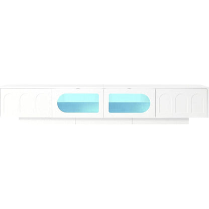 TV Stand with Fluted tempered Glass Doors for TVs Up to 95", Functional Media Console with Arched Cabinet Doors, Entertainment Center with APP-Controlled LED Light for Living Room, White