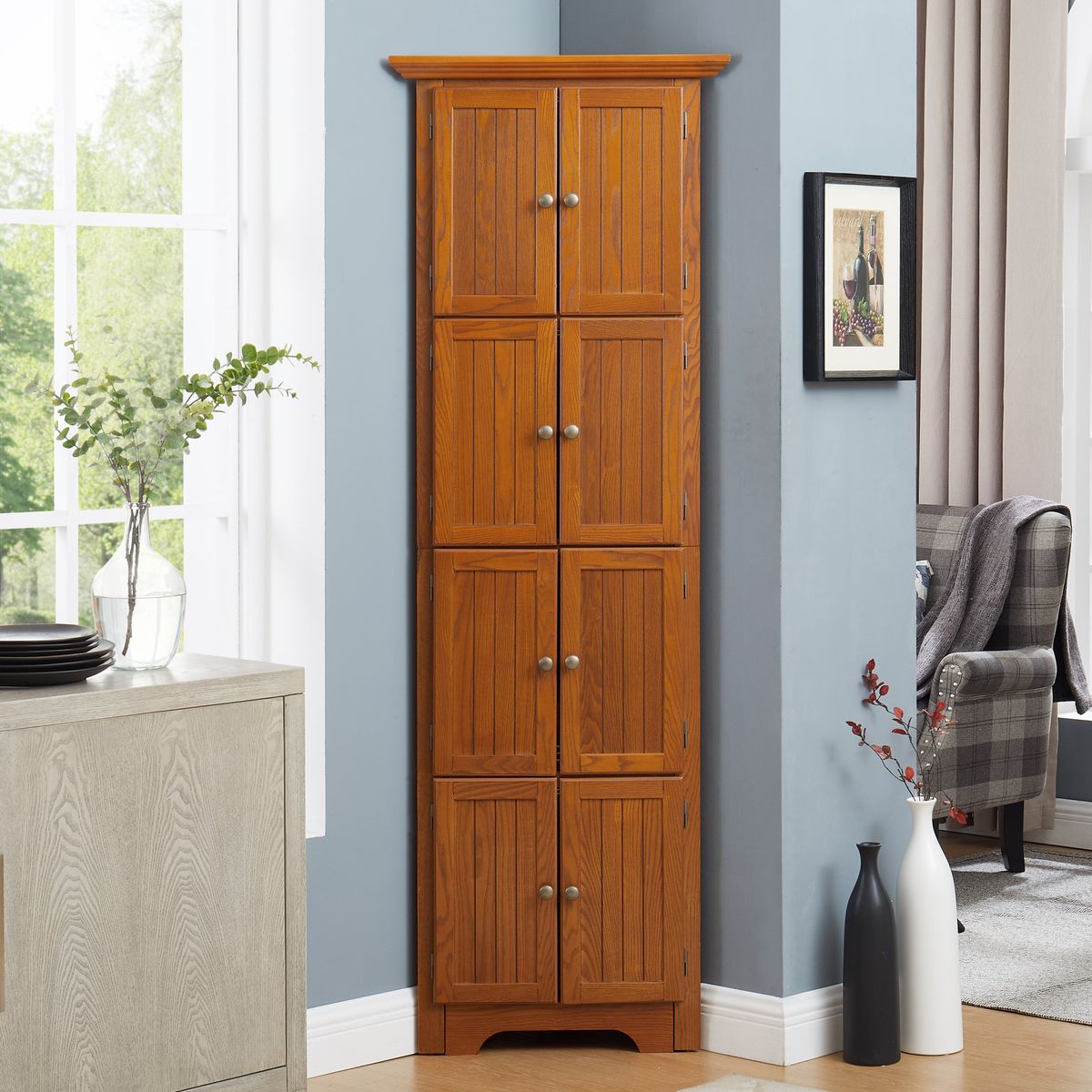 4-Tier 72' Corner Kitchen Pantry Storage Cabinet with 8 Doors Tall Storage Cabinet, Corner Cabinet and Adjustable Shelves, Home farmhouse bookshelf Cabinet for Bathroom, Living room, Kitchen OAK