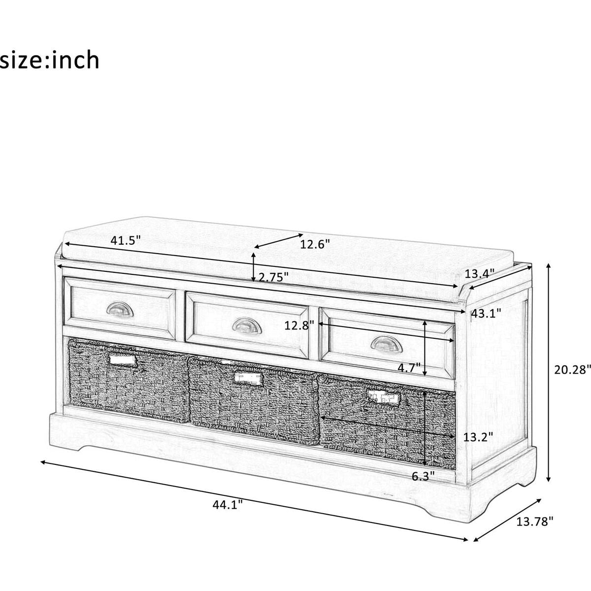 Homes Collection Wood Storage Bench with 3 Drawers and 3 Baskets
