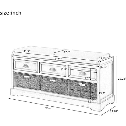Homes Collection Wood Storage Bench with 3 Drawers and 3 Baskets