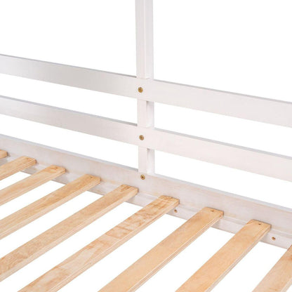 Twin Over Twin Bunk Bed Wood Bed with Roof, Window, Guardrail, Ladder (White)