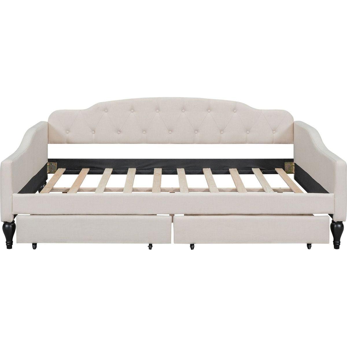 Full Size Upholstered Tufted Daybed with Two Drawers, Beige