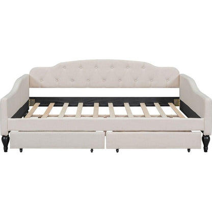 Full Size Upholstered Tufted Daybed with Two Drawers, Beige