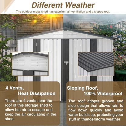 8 x 6 ft Outdoor Storage Shed, All Weather Metal Sheds with 2 Lockable Doors, Tool Shed for Garden, Backyard, Lawn,White