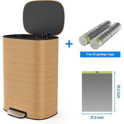13 Gallon 50L Kitchen Foot Pedal Operated Soft Close Trash Can - Stainless Steel Ellipse Bustbin - Wood