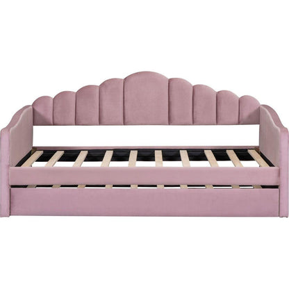 Twin size Upholstered Daybed with Trundle, Velvet Sofabed with USB Charging Ports,No Box-spring Needed,Pink