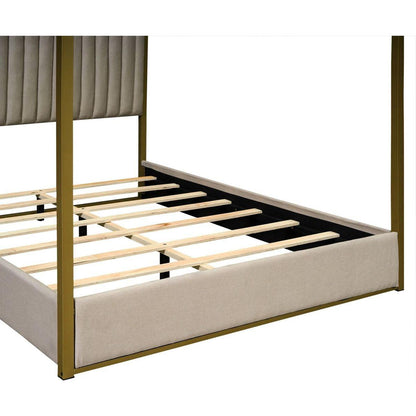 Queen Size Upholstery Canopy Platform Bed with Headboard and Metal Frame, Beige