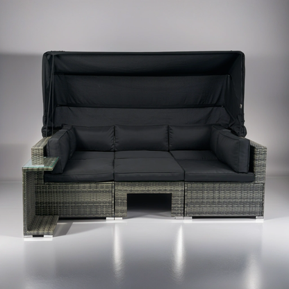 7-Piece Patio Furniture Set w/Retractable Canopy Wicker Rattan Sectional Sofa Set Patio Furniture with Washable Cushions for Lawn, Garden, Backyard, Poolside Grey wicker + Black Cushion