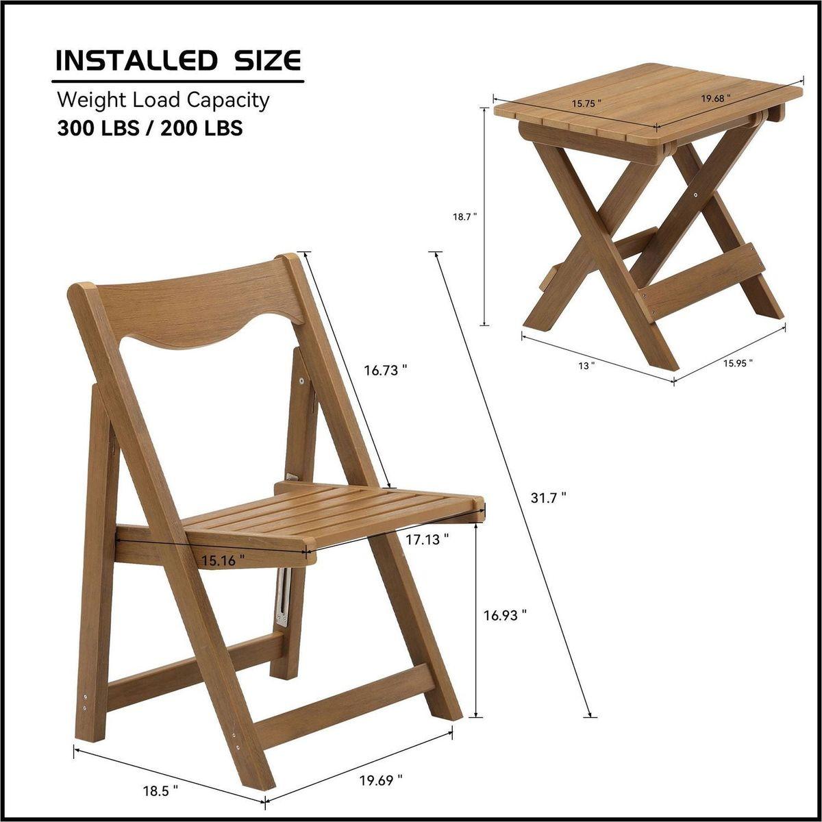 HIPS Material Outdoor Bistro Set Foldable Small Table and Chair Set with 2 Chairs and Rectangular Table, Teak