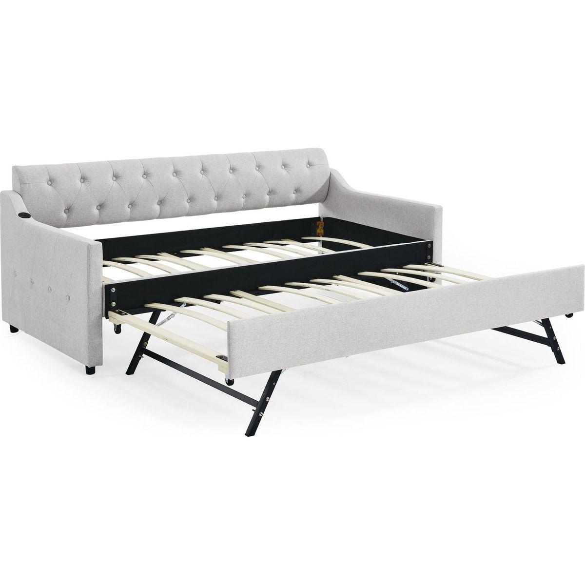 Twin Size Upholstery DayBed with Twin Size Erectable Trundle and USB Charging Design, Linen Beige