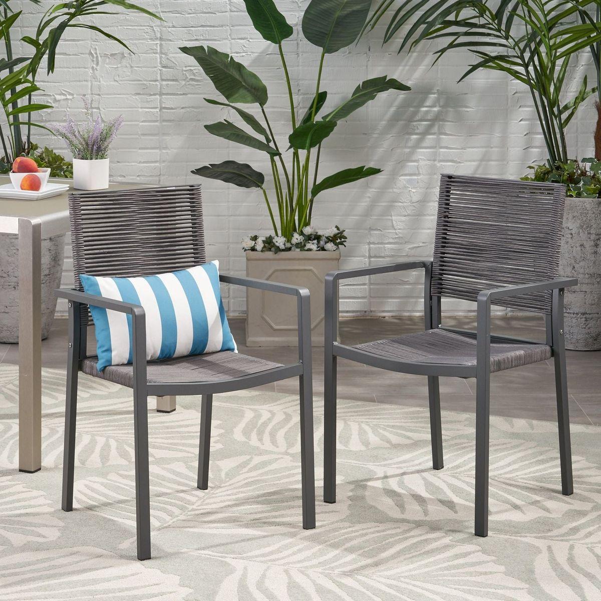 Outdoor Modern Aluminum Dining Chair with Rope Seat (Set of 2), Gray and Dark Gray - Streamdale Furniture