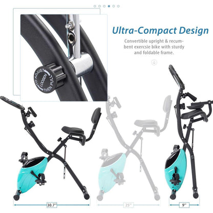 Folding Exercise Bike, Fitness Upright and Recumbent X-Bike with 10-Level Adjustable Resistance, Arm Bands and Backrest