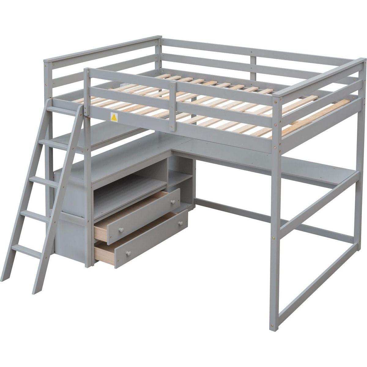 Full Size Loft Bed with Desk and Shelves,Two Built-in Drawers,Gray