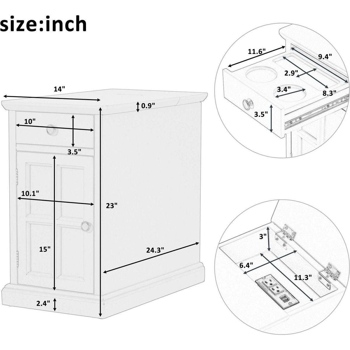 Classic Vintage Livingroom End Table Side Table with USB Ports and One Multifunctional Drawer with cup holders, Antique Espresso