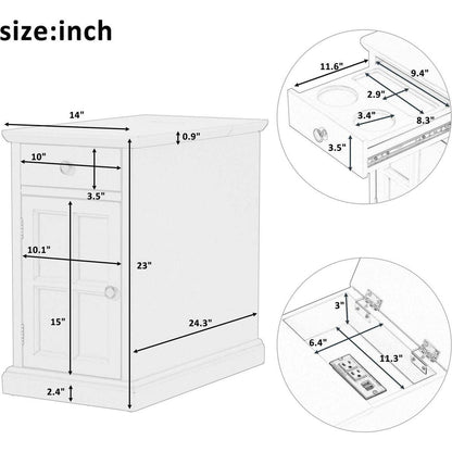 Classic Vintage Livingroom End Table Side Table with USB Ports and One Multifunctional Drawer with cup holders, Antique Espresso