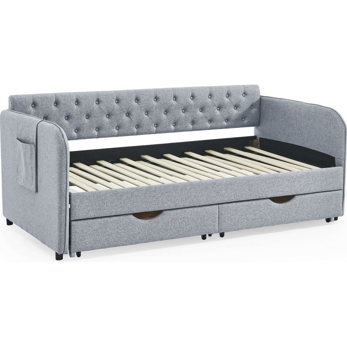 Twin Size Upholstery Daybed with Trundle Bed and Two Storage Drawers , Flat Arms with Pocket, Extendable Daybed for Bedroom Living Room,Linen Grey