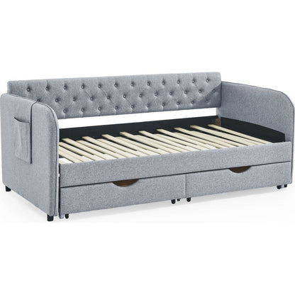 Twin Size Upholstery Daybed with Trundle Bed and Two Storage Drawers , Flat Arms with Pocket, Extendable Daybed for Bedroom Living Room,Linen Grey