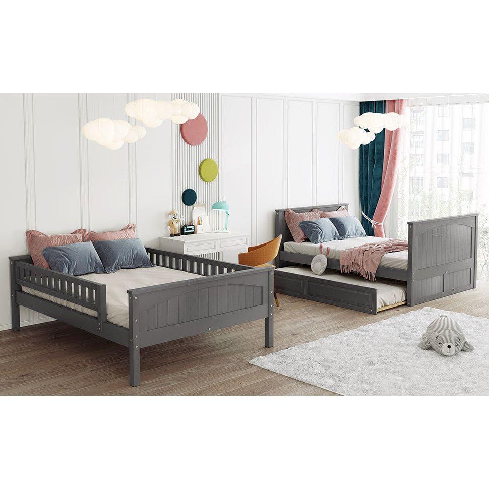 Full Over Full Bunk Bed with Twin Size Trundle, Pine Wood Bunk Bed with Guardrails, Brushed Gray