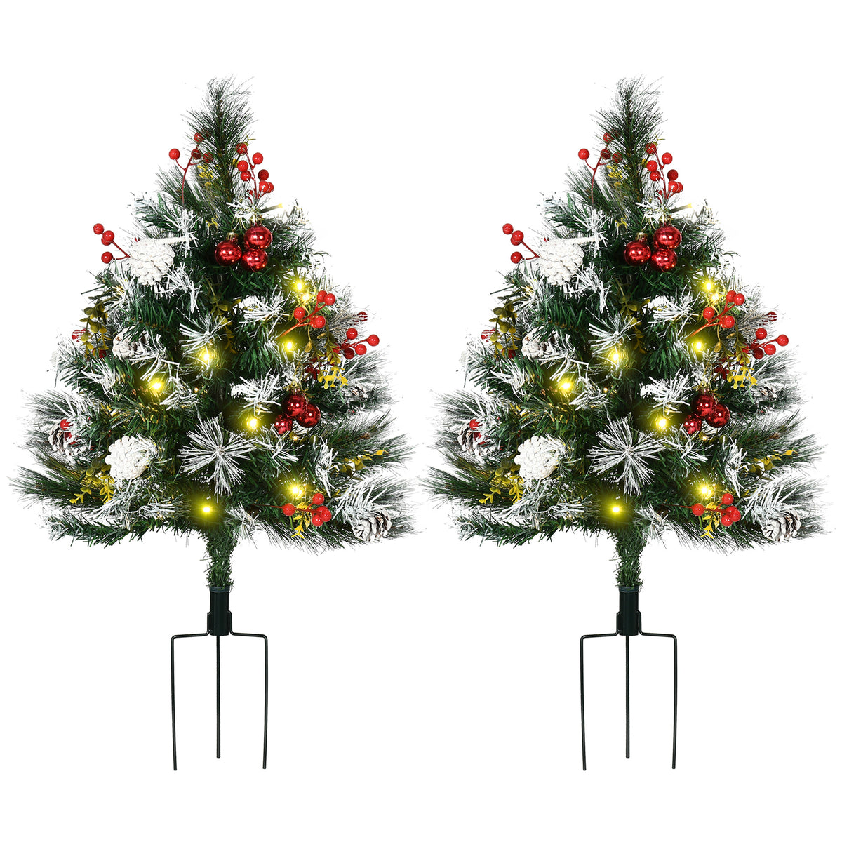 HOMCOM 2.5 Ft/30' 2 Pack Outdoor Entryway Pre-Lit Artificial Christmas Tree Cordless with 70 Branches, Warm White LED lights, Red Berries, Pine Cones, Balls, Green