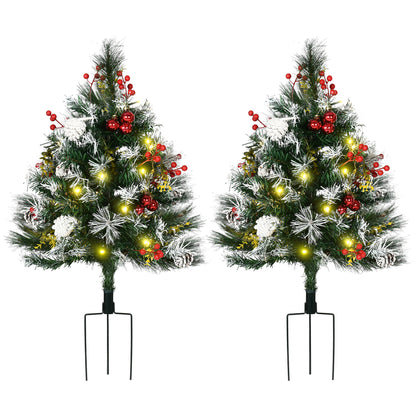 HOMCOM 2.5 Ft/30' 2 Pack Outdoor Entryway Pre-Lit Artificial Christmas Tree Cordless with 70 Branches, Warm White LED lights, Red Berries, Pine Cones, Balls, Green