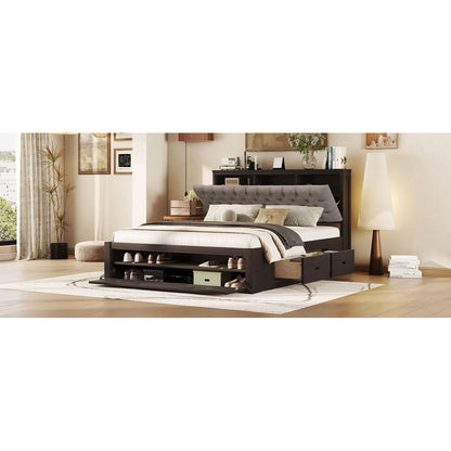 Wood Queen Size Platform Bed with Storage Headboard, shoe rack and 4 drawers,Espresso