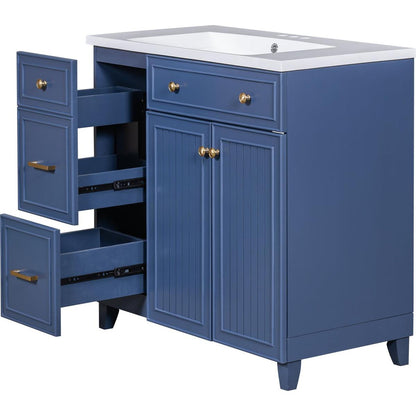 36-inch Bathroom Vanity, Transitional Style Bathroom Cabinet with Resin Sink, Navy Blue Single Bathroom Cabinet, with 2 Drawers and 1 Adjustable Storage Shelf, 2 Soft-close Doors