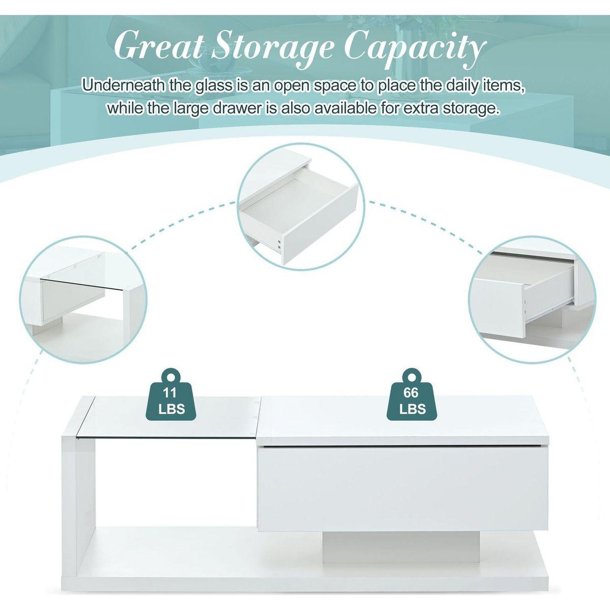 Modern Coffee Table with Tempered Glass, Wooden Cocktail Table with High-gloss UV Surface, Modernist 2-Tier Rectangle Center Table for Living Room, White