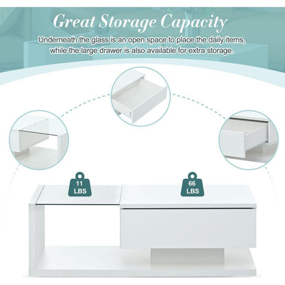 Modern Coffee Table with Tempered Glass, Wooden Cocktail Table with High-gloss UV Surface, Modernist 2-Tier Rectangle Center Table for Living Room, White