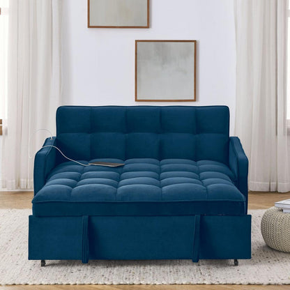 Loveseats Sofa Bed with Pull-out Bed,Adjustable Back and Two Arm Pocket,TypeC and USB Charging with Copper nail,Blue (47"x53"x31")