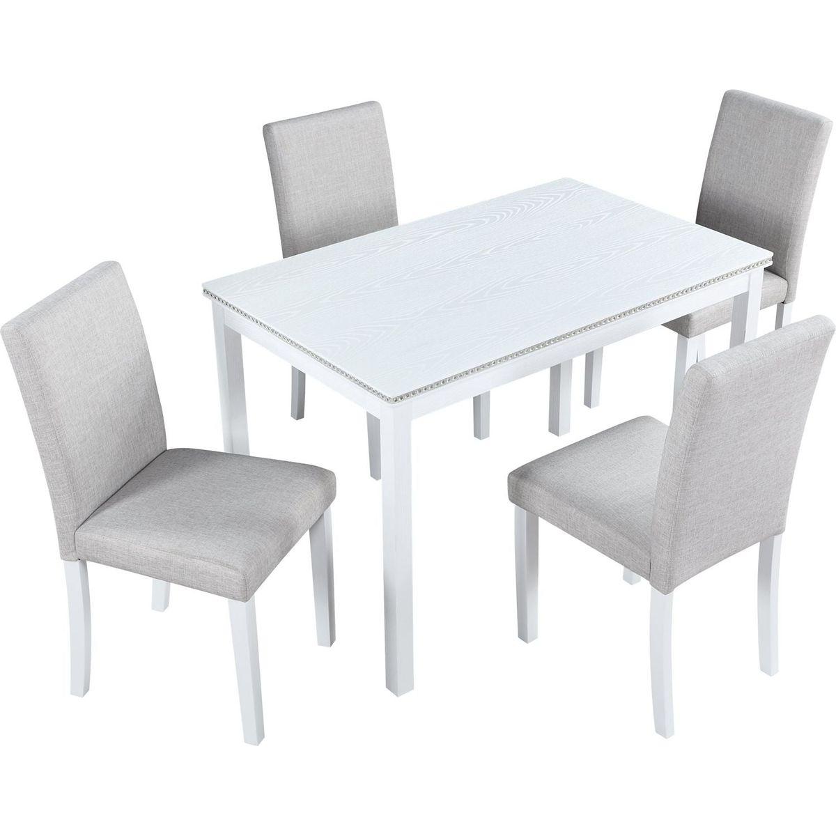 5 Piece Wooden Dining Table Set, Kitchen Table Set with a Rectangular Table and 4 Upholstered Chairs, Wooden Dining Room Table with Crystal Decoration and Chairs Set for Kitchen, Dining Room, White
