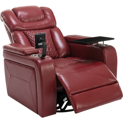 270 Degree Swivel PU Leather Power Recliner Individual Seat Home Theater Recliner with Comforable Backrest, Tray Table, Phone Holder, Cup Holder, USB Port, Hidden Arm Storage for Living Room, Red