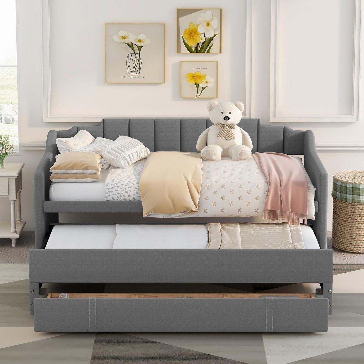 Twin Size Upholstered Daybed with Trundle and Three Drawers,Grey