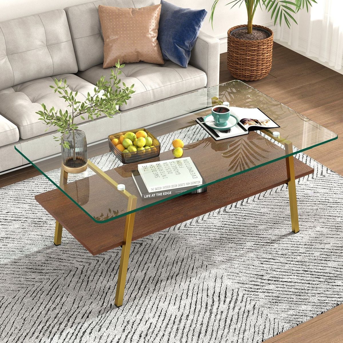 Rectangle Coffee Table, Tempered Glass Tabletop with Gold Metal Legs, Modern Table for Living Room, Transparent Glass