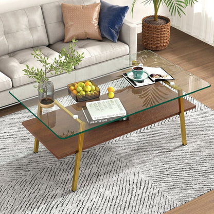 Rectangle Coffee Table, Tempered Glass Tabletop with Gold Metal Legs, Modern Table for Living Room, Transparent Glass