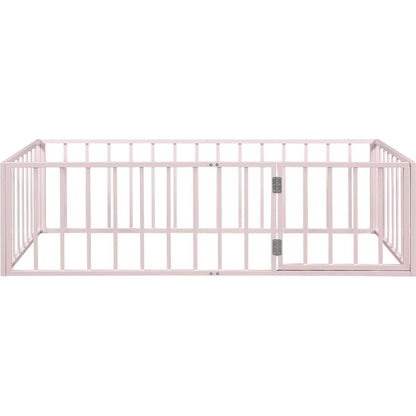 Twin Size Metal Floor Bed Frame with Fence and Door, Pink