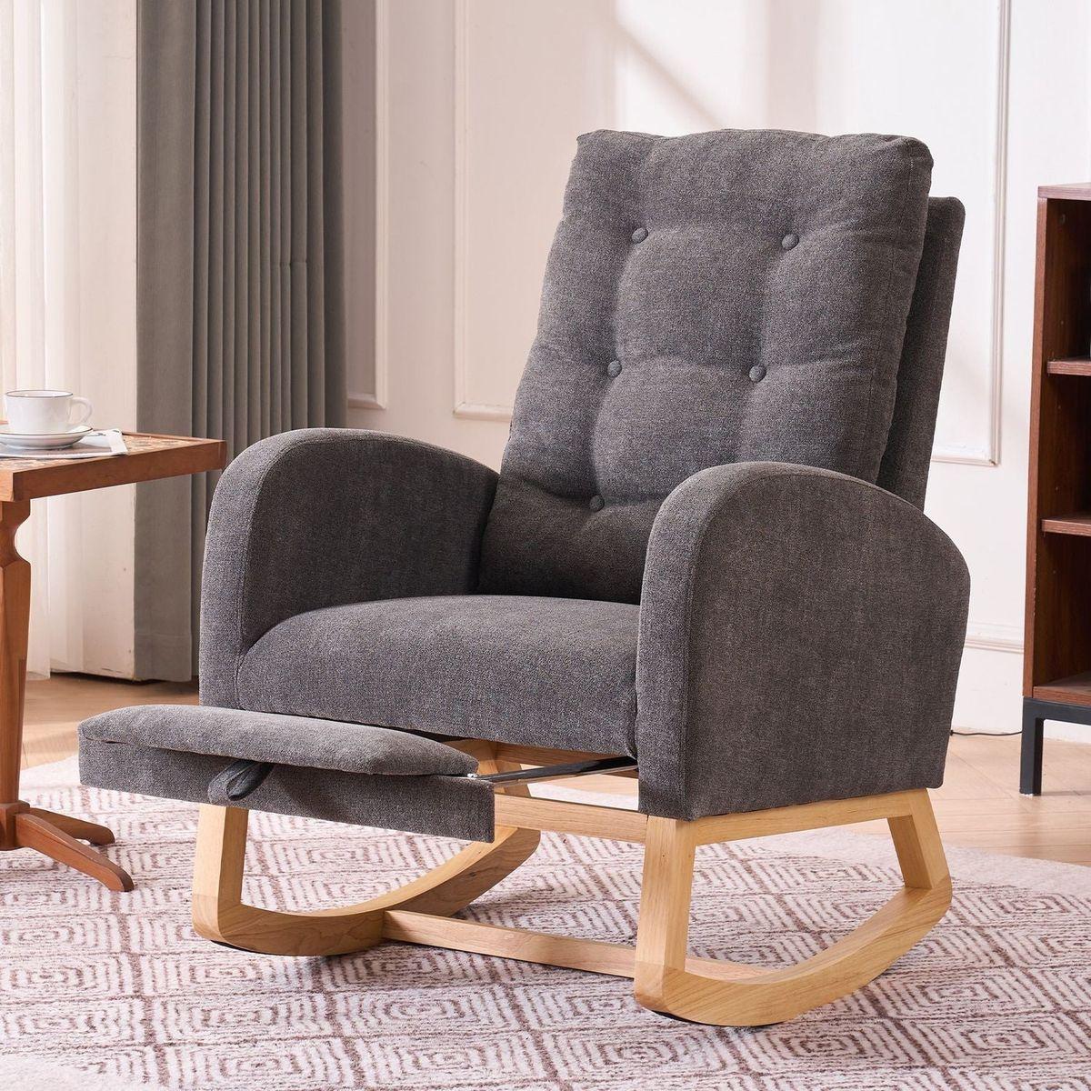 Accent Rocking Chair with Footrest High Back Rubber Wood Rocking Legs Bedroom Living Space 26.77D X 38.36W X 39.76H Inch