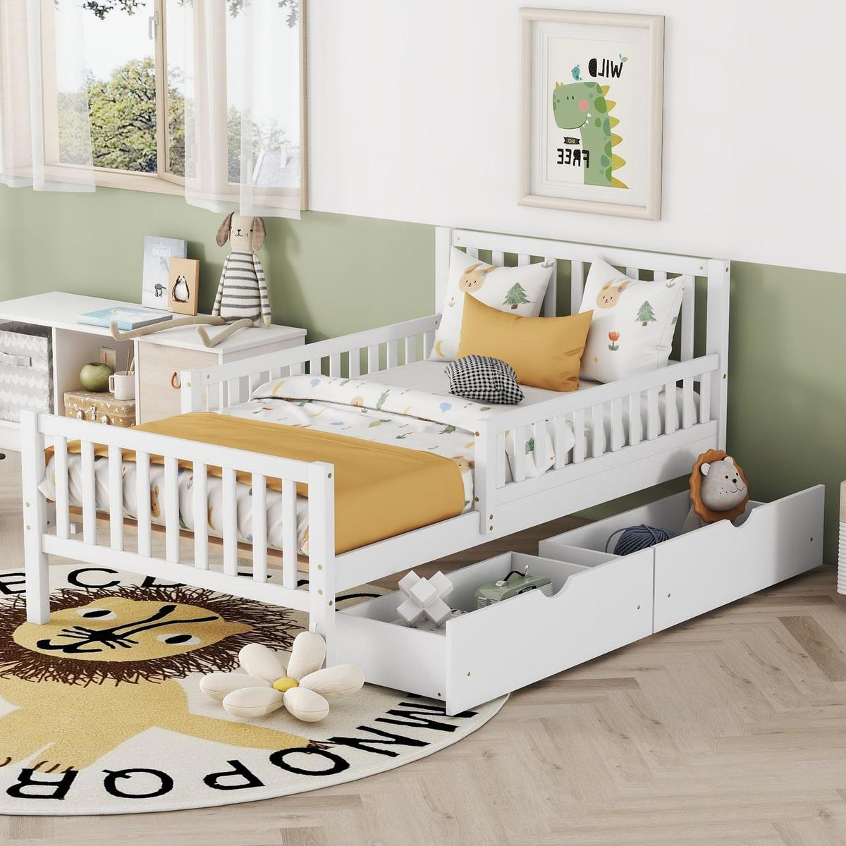 Twin Size Wood Platform Bed with Guardrails on Both Sides and Two Storage Drawers, White