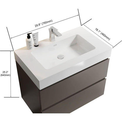 Alice 30" Gray Bathroom Vanity with Sink, Large Storage Wall Mounted Floating Bathroom Vanity for Modern Bathroom, One-Piece White Sink Basin without Drain and Faucet, Pre-assembled
