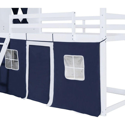 Twin Size Bunk Wood House Bed with Elegant Windows, Sills and Tent, Blue+White