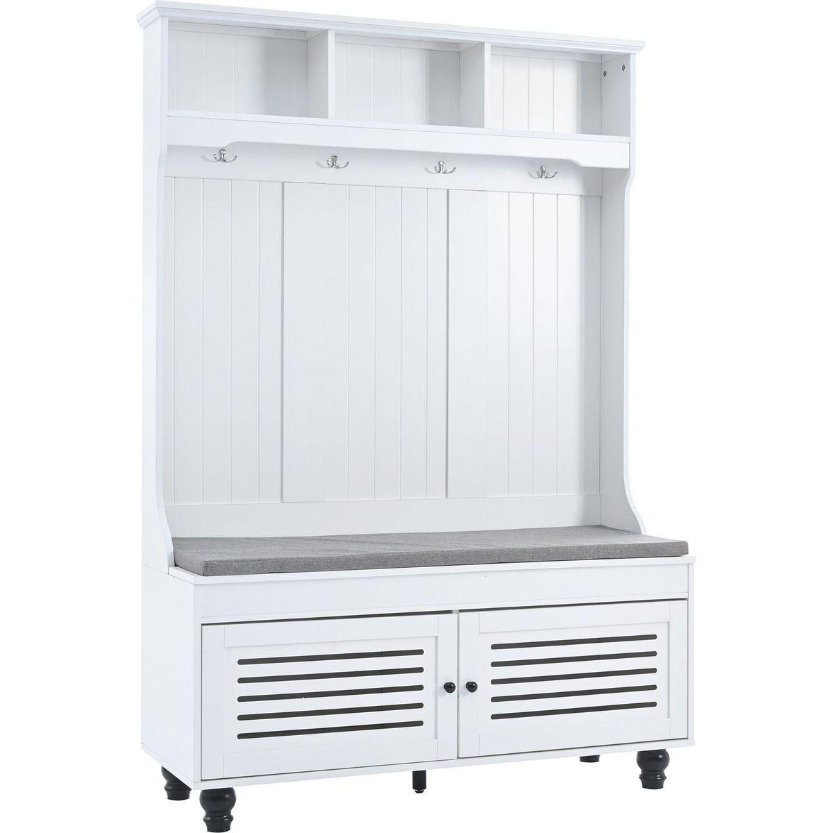 5-in-1 Entryway Bench with Shutter-shaped doors, Coat Rack, Cushion and 4 Sturdy Hooks, 47.2" Wide Hall Tree with Storage Bench for Hallway, Entryway, Living Room