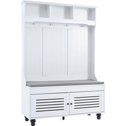 5-in-1 Entryway Bench with Shutter-shaped doors, Coat Rack, Cushion and 4 Sturdy Hooks, 47.2" Wide Hall Tree with Storage Bench for Hallway, Entryway, Living Room