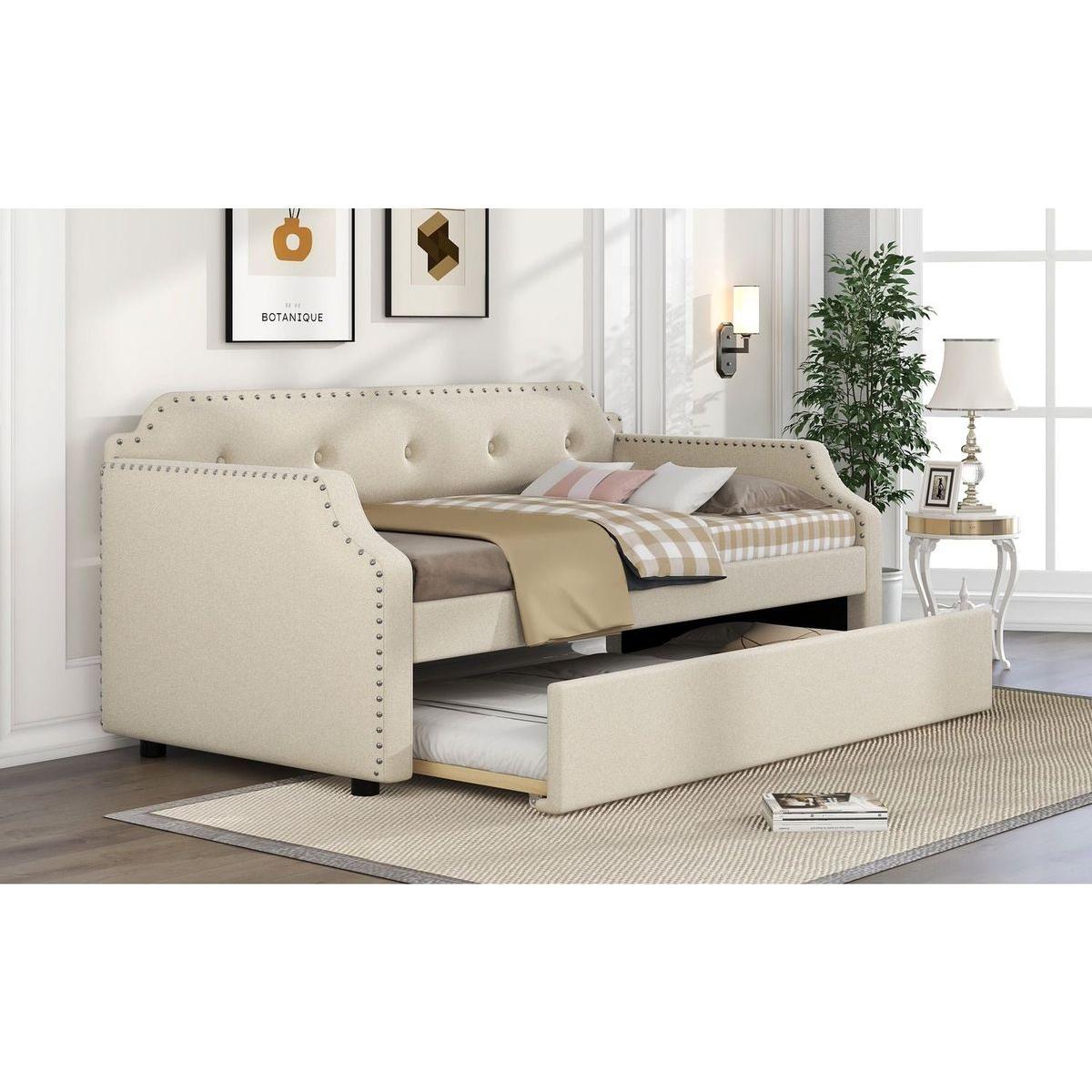 Upholstered Daybed with Trundle, Wood Slat Support,Upholstered Frame Sofa Bed, Twin, Beige