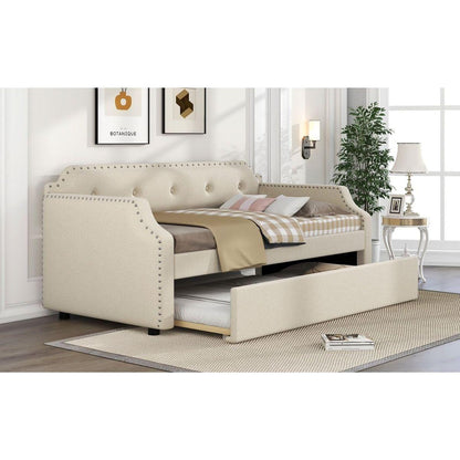 Upholstered Daybed with Trundle, Wood Slat Support,Upholstered Frame Sofa Bed, Twin, Beige