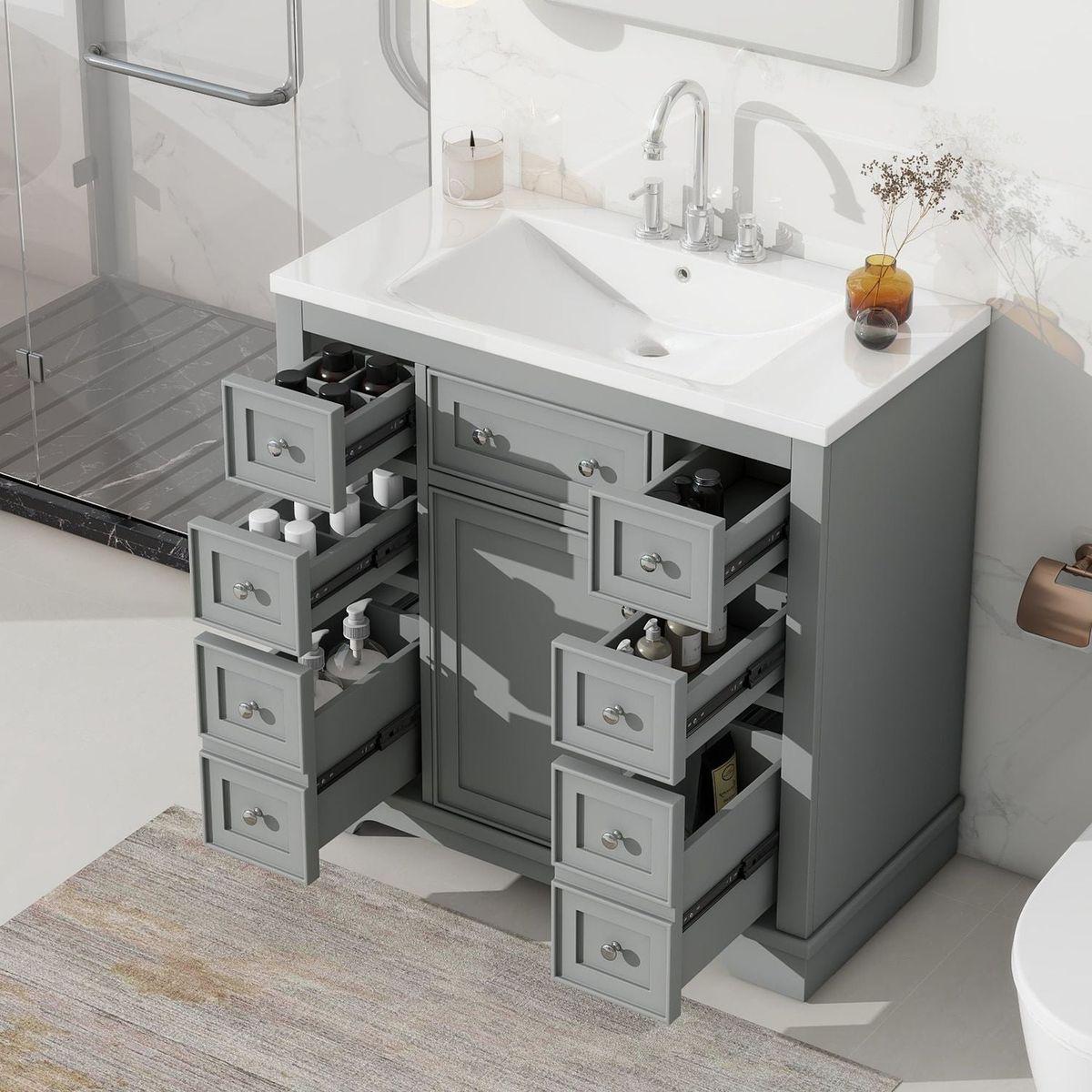 36" Bathroom Vanity with Sink Combo, One Cabinet and Six Drawers, Solid Wood and MDF Board, Grey