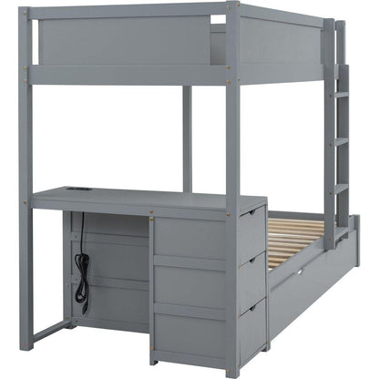 Twin-Over-Twin Bunk Bed with Twin size Trundle, Storage and Desk, Gray