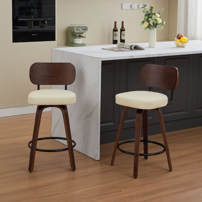 Swivel Bar Stools Set of 2, 26' Upholstered Faux Leather Counter Height Barstools with Walnut Back & Bentwood Legs, Mid Century Modern Bar Chairs Island Stools for Kitchen Counter, Beige PU, SW1864BG