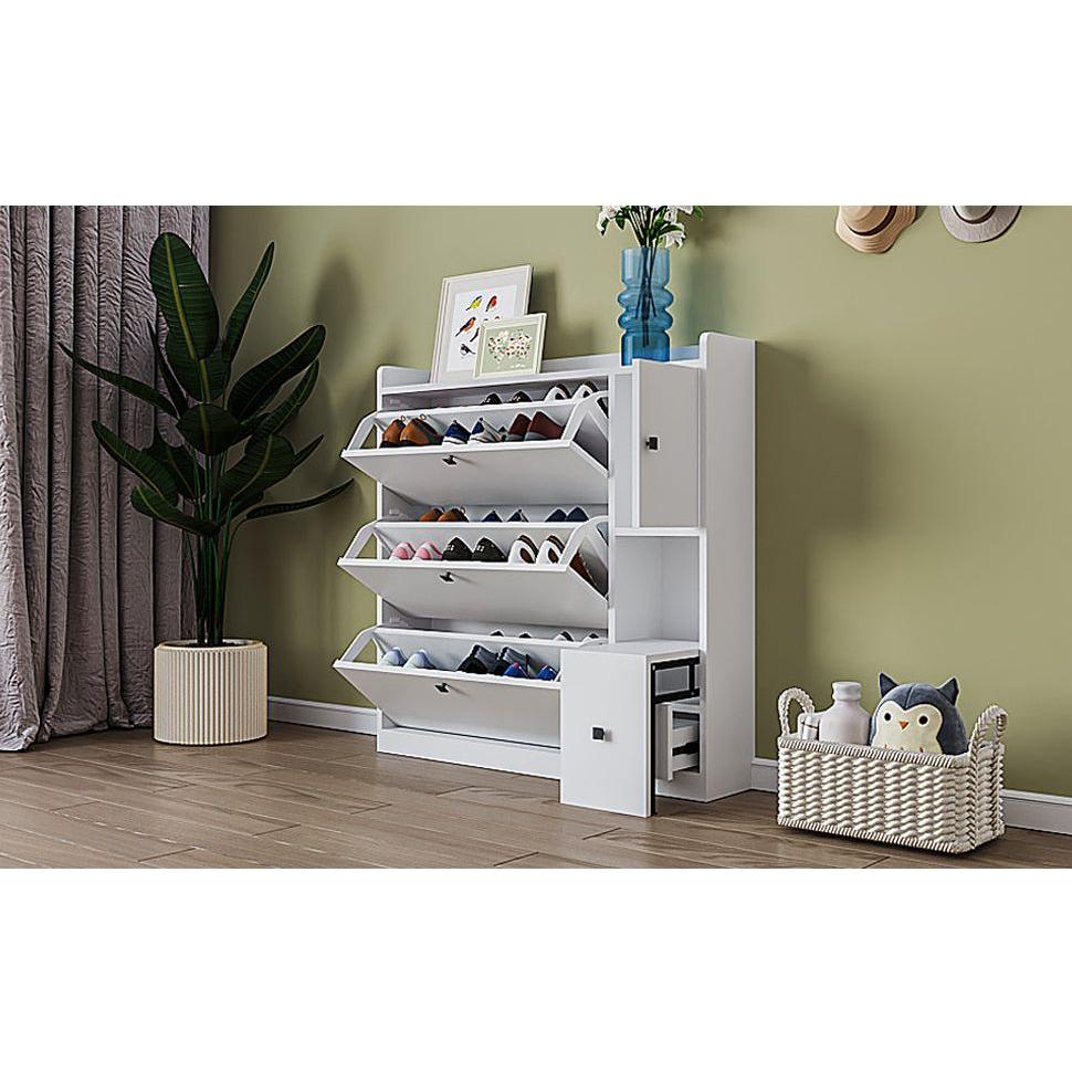 Versatile Shoe Cabinet with 3 Flip Drawers, Maximum Storage Entryway Organizer with Drawer, Free Standing Shoe Rack with Pull-down Seat for Hallway, White