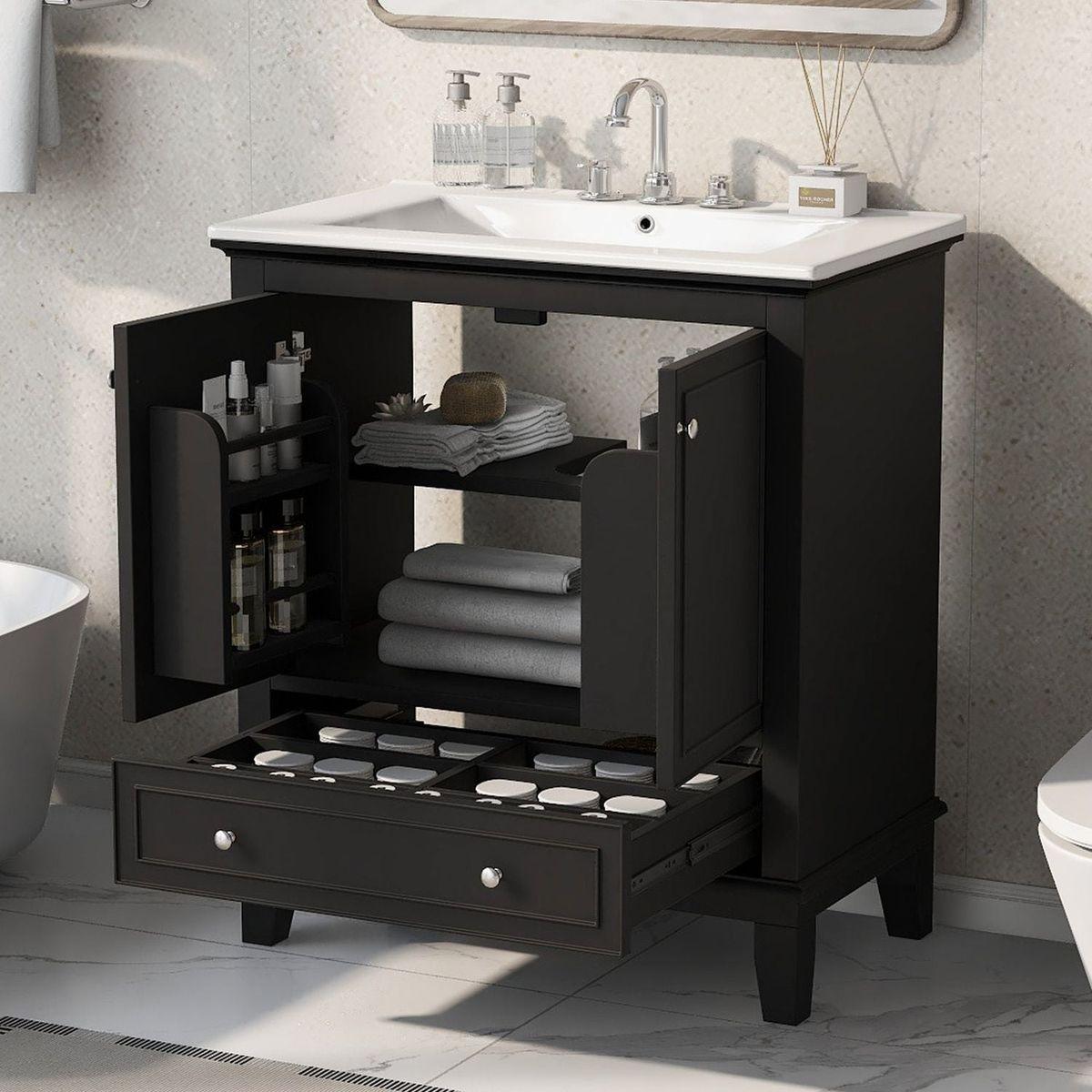 30" Bathroom Vanity with Sink Combo, Multi-functional Bathroom Cabinet with Doors and Drawer, Solid Wood and MDF Board, Black