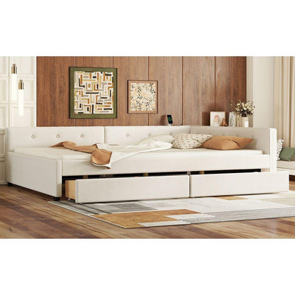 Full Size Upholstered Platform Bed with USB and 2 Drawers, Beige
