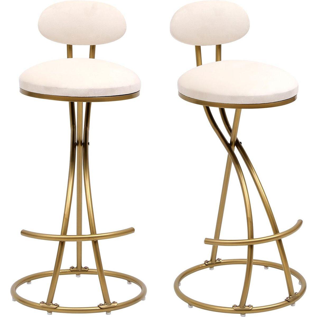 Round Bar Stool Armless Velvet Barstools with Back Set of 2 Upholstered Counter Chair for Dining Room, Kitchen Island (Gold & Creamy White)